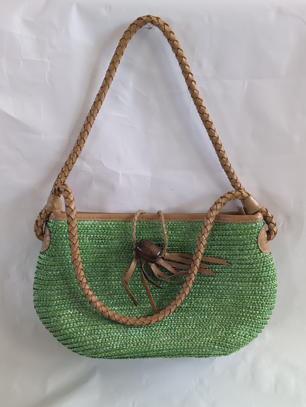 Green Woven Shoulder Bag with Tan Braided Handles